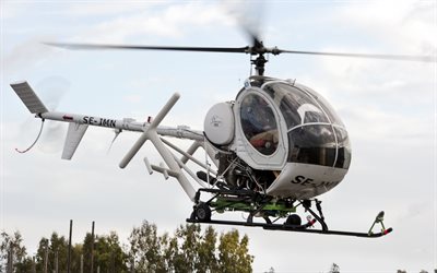 Schweizer S300, 4k, flying helicopters, civil aviation, white helicopter, aviation, S300, pictures with helicopter, Schweizer Aircraft