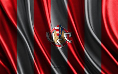 us-cremonese-logo, serie a, rotgraue seidenstruktur, us-cremonese-flagge, italienische fußballmannschaft, us-cremonese, fußball, us-cremonese-emblem, italien, us-cremonese-abzeichen