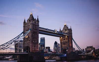 タワーブリッジ, ロンドン, 夜, 日没, 30セントメリーアクス, ガーキン, 超高層ビル, テムズ川, ロンドンの街並み, イングランド