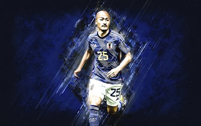 Daizen Maeda, Japan national football team, portrait, Japanese football player, blue stone background, Japan, football