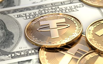4k, Tether, cryptocurrency, Tether sign, Tether gold coin, Tether logo, cryptocurrency signs, Tether on dollars, Tether price concepts, electronic money