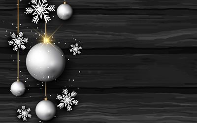4k, sfondi in legno nero, decorazioni natalizie d'argento, palline, fiocchi di neve, natale, buon natale, felice anno nuovo, decorazioni natalizie