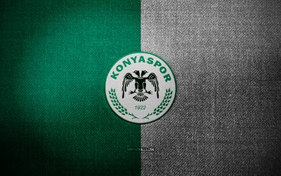 emblema konyaspor, 4k, fundo de tecido branco verde, superliga, logo konyaspor, logotipo esportivo, clube de futebol turco, konyaspor, futebol, konyaspor fc