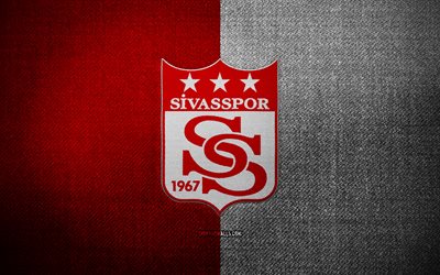 Sivasspor badge, 4k, red white fabric background, Super Lig, Sivasspor logo, Sivasspor emblem, sports logo, turkish football club, Sivasspor, soccer, football, Sivasspor FC