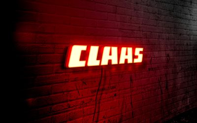 claas neon logo, 4k, kırmızı brickwall, grunge sanat, yaratıcı, araba markaları, tel üzerinde logo, claas kırmızı logo, claas logo, sanat, claas