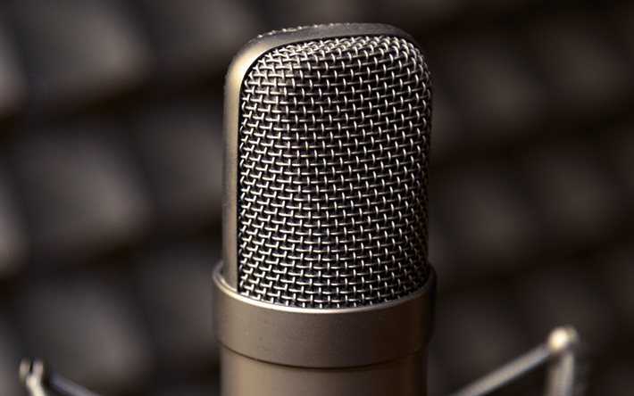 microphone, 4k, sound recording, close-up, songwriting, recording studio, picture with microphone, bokeh, music creation