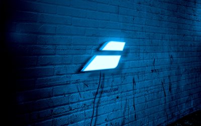 babolat neon logo, 4k, mavi brickwall, grunge sanat, yaratıcı, tel üzerinde logo, babolat mavi logo, babolat logo, sanat eseri, babolat