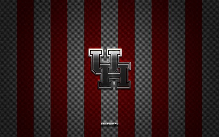 Houston Cougars logo, American football team, NCAA, red white carbon background, Houston Cougars emblem, football, Houston Cougars, USA, Houston Cougars silver metal logo