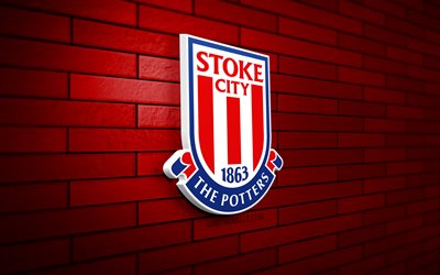 logo stoke city fc 3d, 4k, mur de brique rouge, championnat, football, club de football anglais, logo stoke city fc, emblème stoke city fc, stoke city, logo sportif, stoke city fc