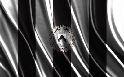 udinese-logo, serie a, schwarz-weiße seidenstruktur, udinese-flagge, italienische fußballmannschaft, udinese, fußball, seidenflagge, udinese-emblem, italien, udinese-abzeichen