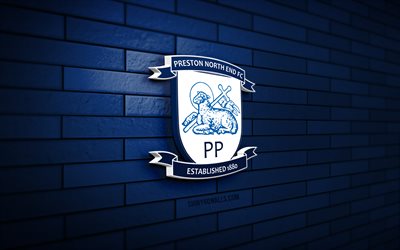 Preston North End FC 3D logo, 4K, blue brickwall, Championship, soccer, english football club, Preston North End FC logo, Preston North End FC emblem, football, Preston North End, sports logo, Preston North End FC