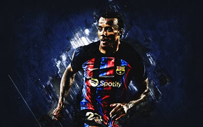 Jules Kounde, portrait, FC Barcelona, grunge blue background, La Liga, Champions League, Kounde Barcelona, Spain, football