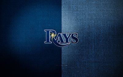 insignia de los rays de tampa bay, 4k, fondo de tela azul, mlb, logotipo de los rays de tampa bay, béisbol, logotipo deportivo, bandera de los rays de tampa bay, equipo de béisbol americano, rays de tampa bay