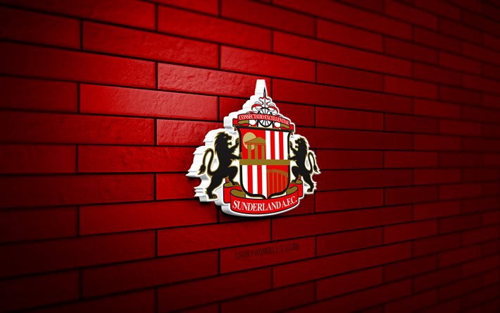 Sunderland AFC 3D logo, 4K, red brickwall, Championship, soccer, english football club, Sunderland AFC logo, Sunderland AFC emblem, football, Sunderland AFC, sports logo, Sunderland FC