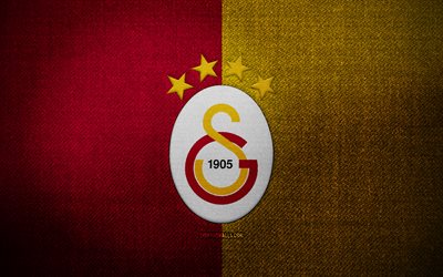 Galatasaray badge, 4k, purple yellow fabric background, Super Lig, Galatasaray logo, Galatasaray emblem, sports logo, turkish football club, Galatasaray SK, soccer, football, Galatasaray FC