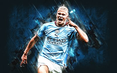 Erling Braut Haaland, Manchester City FC, Norwegian football player, goal, portrait, blue stone background, Premier League, England, football, blue grunge background