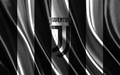 juventus fc-logo, serie a, schwarz-weiße seidenstruktur, juventus fc-flagge, italienische fußballmannschaft, juventus fc, fußball, seidenflagge, juventus fc-emblem, italien, juventus fc-abzeichen