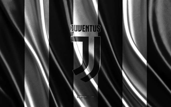 juventus fc-logo, serie a, schwarz-weiße seidenstruktur, juventus fc-flagge, italienische fußballmannschaft, juventus fc, fußball, seidenflagge, juventus fc-emblem, italien, juventus fc-abzeichen