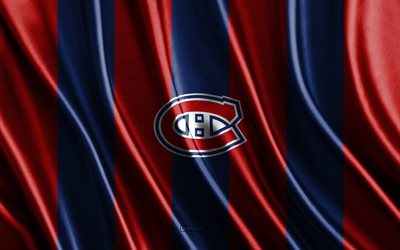 4k, montreal canadesi, nhl, trama di seta rossa blu, bandiera dei canadesi di montreal, squadra canadese di hockey, hockey, bandiera di seta, emblema dei montreal canadians, stati uniti d'america, distintivo dei montreal canadians