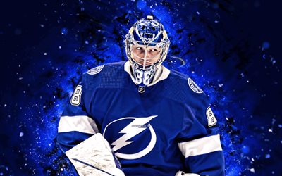 Andrei Vasilevskiy, 4k, blue neon lights, Tampa Bay Lightning, NHL, hockey, Andrei Vasilevskiy 4K, blue abstract background, Andrei Vasilevskiy Tampa Bay Lightning
