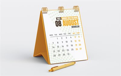 calendario agosto 2023, calendario de escritorio amarillo, minimalismo, agosto, fondo gris, 2023 conceptos, calendarios de verano, calendario comercial de agosto de 2023, calendarios de escritorio 2023