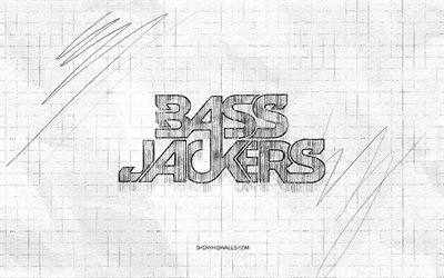 logo di schizzo di bassjackers, 4k, sfondo di carta a scacchi, dj olandesi, logo nero dei bassjacker, stelle della musica, schizzi di logo, marlon flohr, ralph van hilst, logo dei bassisti, disegno a matita, bassisti