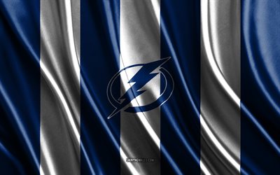 4k, Tampa Bay Lightning, NHL, blue white silk texture, Tampa Bay Lightning flag, American hockey team, hockey, silk flag, Tampa Bay Lightning emblem, USA, Tampa Bay Lightning badge