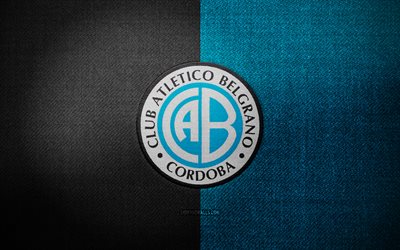 CA Belgrano badge, 4k, blue black fabric background, Liga Profesional, CA Belgrano logo, CA Belgrano emblem, sports logo, argentine football club, CA Belgrano, soccer, football, Belgrano FC