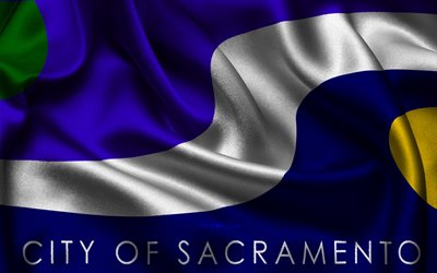 drapeau de sacramento, 4k, villes américaines, drapeaux de satin, jour de sacramento, drapeaux de satin ondulés, villes de californie, sacramento californie, etats unis, sacramento