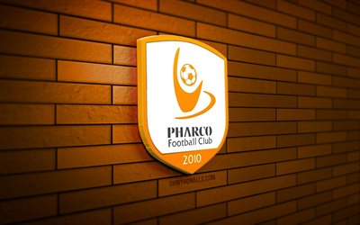 pharco fc 3d logosu, 4k, turuncu tuğla duvar, mısır premier ligi, futbol, mısır futbol kulübü, pharco fc logosu, pharco fc amblemi, farco fc, spor logosu, fc farko