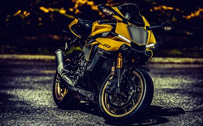 4k, Yamaha YZF-R1, HDR, 2022 bikes, superbikes, sportsbikes, Yellow Yamaha YZF-R1, japanese motorcycles, Yamaha