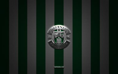 hibernian fc logosu, iskoç futbol takımı, iskoç premiership, yeşil beyaz karbon arka plan, hibernian fc amblemi, futbol, kış futbolu, iskoçya, hibernian fc metal logosu