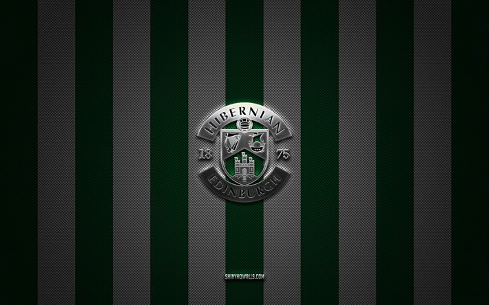 logo dell'hibernian fc, squadra di calcio scozzese, premier scozzese, sfondo verde carbone bianco, stemma dell'hibernian fc, calcio, hibernian fc, scozia, logo hibernian fc in metallo