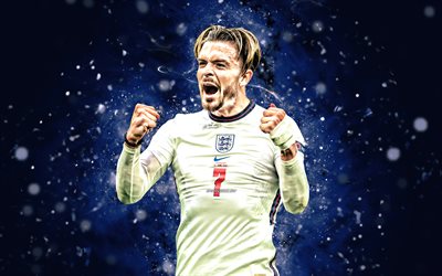 Jack Grealish, 4k, blue neon lights, England National Football Team, soccer, footballers, blue abstract background, English football team, Jack Grealish 4K