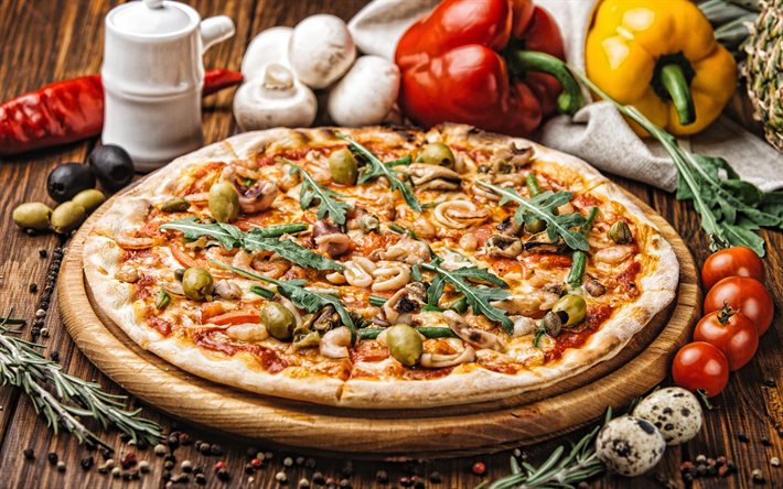 pizza com frutos do mar, 4k, comida rápida, pizza, azeitonas, fundo de pizza, pizza de frutos do mar, comida deliciosa