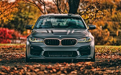 4k, BMW M5 CS, F90, front view, exterior, gray matte BMW M5, F90 tuning, gray F90, BMW M5 tuning, German cars, autumn, yellow leaves, BMW