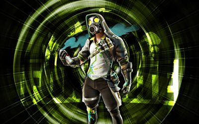 Toxic Tagger, 4k, green abstract background, Fortnite, abstract rays, Toxic Tagger Skin, Fortnite Toxic Tagger Skin, Fortnite characters, Toxic Tagger Fortnite