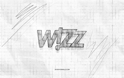 wizz air スケッチ ロゴ, 4k, 市松模様の紙の背景, ウィズ エア ブラック ロゴ, ブランド, ロゴスケッチ, ウィズエアのロゴ, 鉛筆画, ウィズエアー