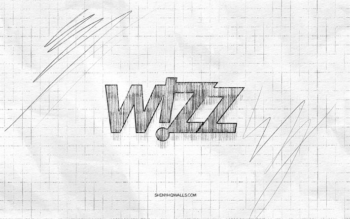 wizz air 스케치 로고, 4k, 체크 무늬 종이 배경, wizz air 블랙 로고, 브랜드, 로고 스케치, 위즈에어 로고, 연필 드로잉, 위즈에어