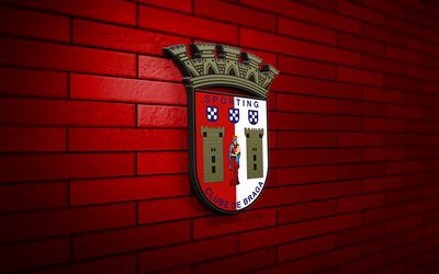 logo sc braga 3d, 4k, parede de tijolos vermelhos, primeira liga, futebol, clube de futebol português, logo do cs braga, liga portugal, emblema do cs braga, cs braga, logotipo esportivo, braga fc