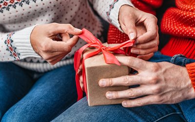 geschenkvorbereitung, 4k, schleife binden, weihnachtsgeschenke, geschenkbox mit roter schleife, geschenkkonzepte, frohe weihnachten, frohes neues jahr, konzepte zur auswahl von geschenken