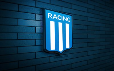 racing club 3d logo, 4k, blaue ziegelwand, liga professional, fußball, mexikanischer fußballverein, racing club logo, racing club emblem, racing club de avellaneda, sport logo, racing club fc