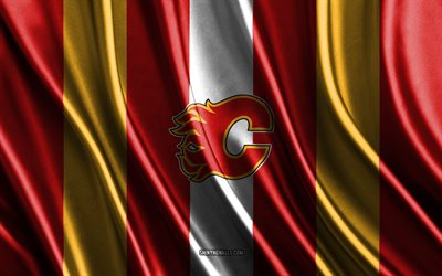 4k, Calgary Flames, NHL, white red silk texture, Nashville Predators flag, Canadian hockey team, hockey, silk flag, Calgary Flames emblem, USA, Calgary Flames badge
