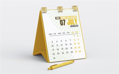 calendrier juillet 2023, calendrier de bureau jaune, minimalisme, juillet, fond gris, concepts 2023, calendriers d'été, calendrier de juillet 2023, calendriers de bureau 2023