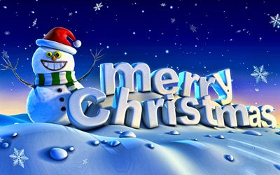 Merry Christmas, 3d snowman, 3d winter landscape, Merry Christmas greeting card, snow, winter, snowman, Christmas background with a snowman