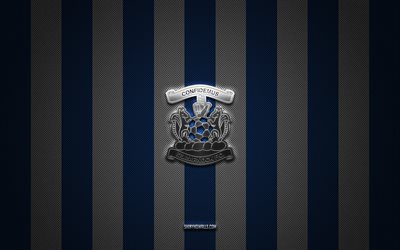 kilmarnock fc logosu, iskoç futbol takımı, iskoç premiership, mavi beyaz karbon arka plan, kilmarnock fc amblemi, futbol, kilmarnock fc, iskoçya, kilmarnock fc metal logosu