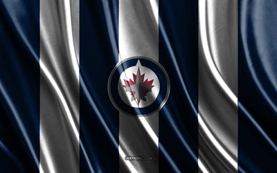 4k, jet winnipeg, nhl, trama di seta bianca blu, bandiera dei winnipeg jets, squadra canadese di hockey, hockey, bandiera di seta, emblema dei winnipeg jets, stati uniti d'america, distintivo dei winnipeg jets