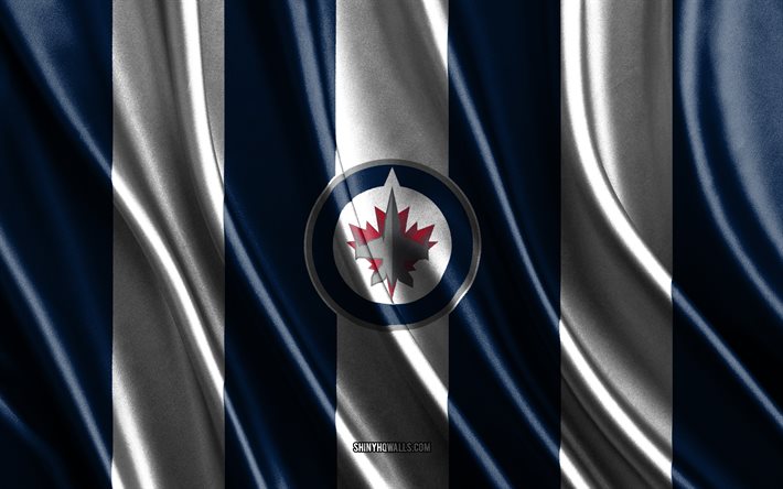 4k, Winnipeg Jets, NHL, blue white silk texture, Winnipeg Jets flag, Canadian hockey team, hockey, silk flag, Winnipeg Jets emblem, USA, Winnipeg Jets badge