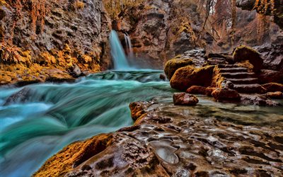 mountain stream, autumn, waterfall, yellow leaves, mountain river, beautiful waterfall, autumn landscape