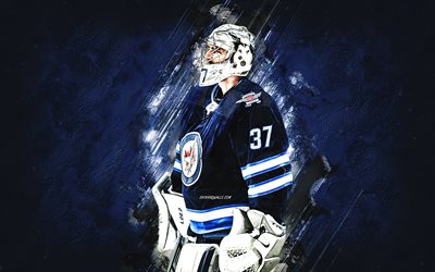 Connor Hellebuyck, Winnipeg Jets, American Ice Hockey Player, Goaltender, NHL, National Hockey League, Ice Hockey, Blue Stone Background
